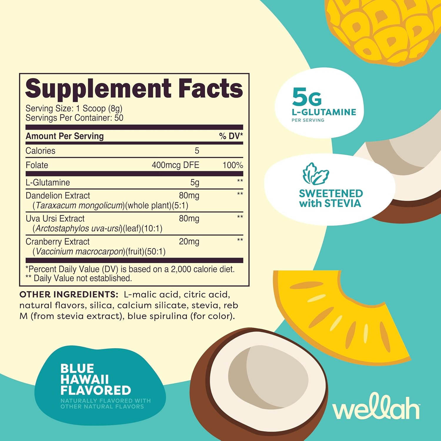 Blue Hawaii Wellah L-Glutamine Powder - 5g per Serving (50 Servings) - Sweetened with Stevia