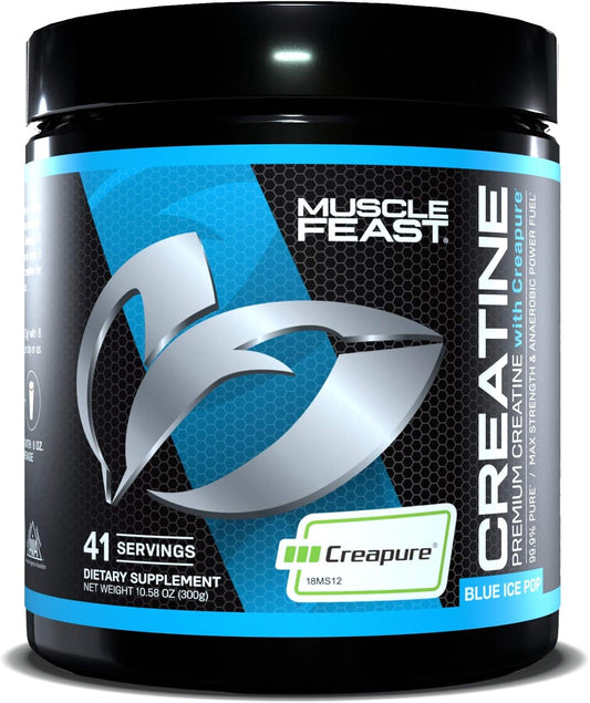 Blue Ice Pop Muscle Feast Creapure Creatine Monohydrate Powder - Vegan, Keto, Gluten-Free, Easy to Mix - 300g - Mass Gainer, Recovery Supplement, Muscle Growth