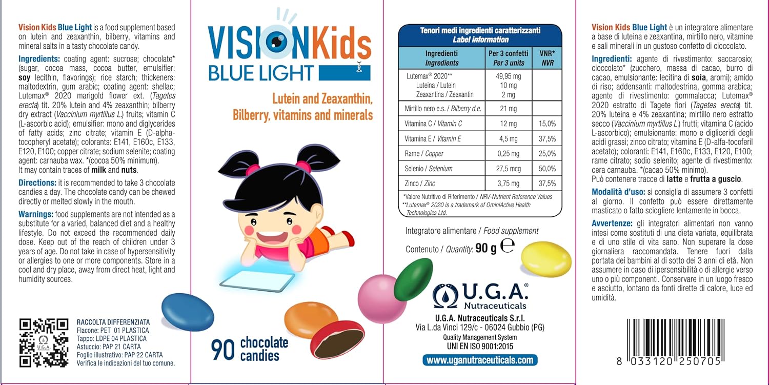 Blue Light Children’s Vision Supplement with Lutein, Zeaxanthin, and Blueberry in Delicious Dark Chocolate - 90 Candies