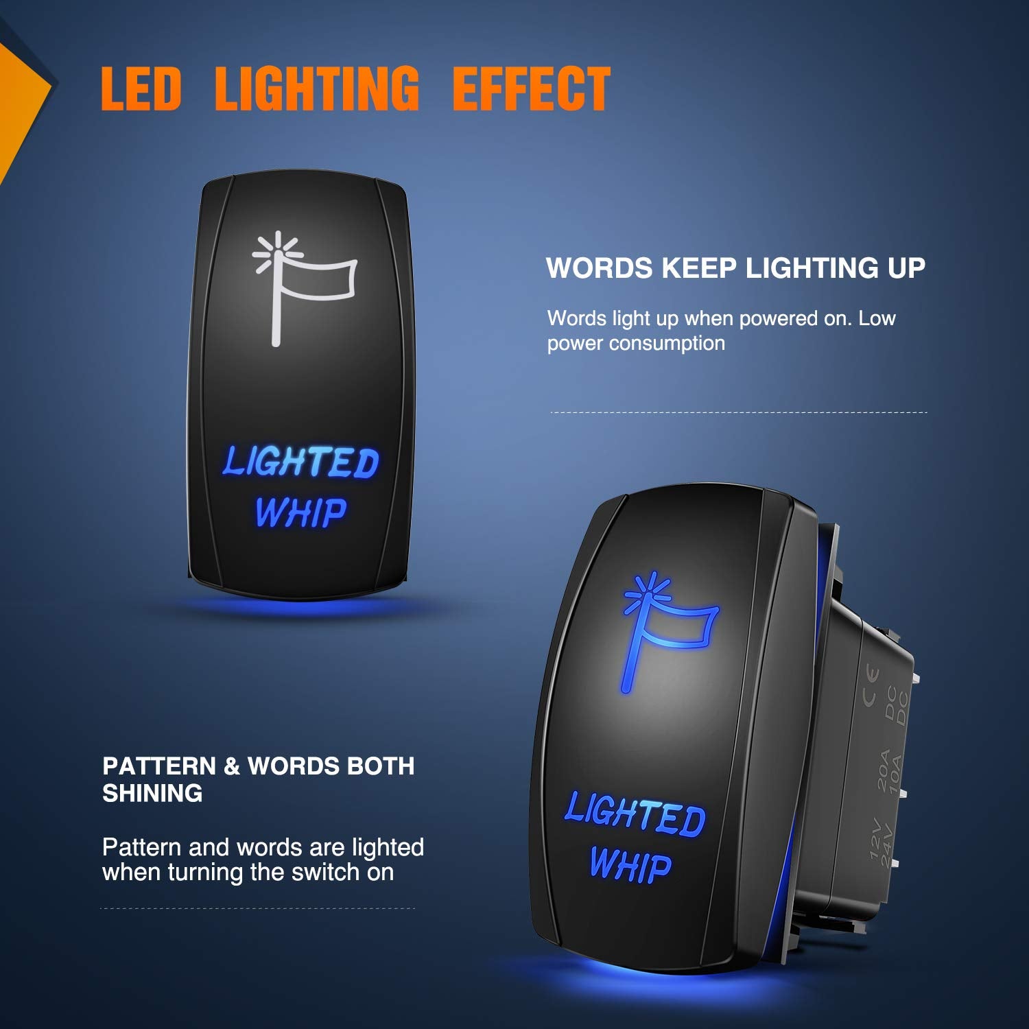 Blue Lighted Whip Rocker Switch LED Light Bar with Jumper Wires Set for Jeep Boat Trucks - 2 Year Warranty