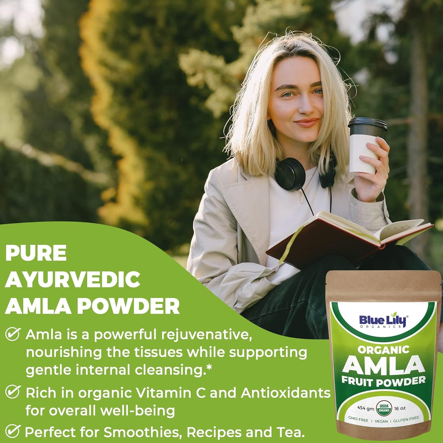 Blue Lily Organics USDA Organic Amla Powder 16oz - Pure Amla Berry Powder for Healthy Immune System, Rich in Antioxidant Vitamin C