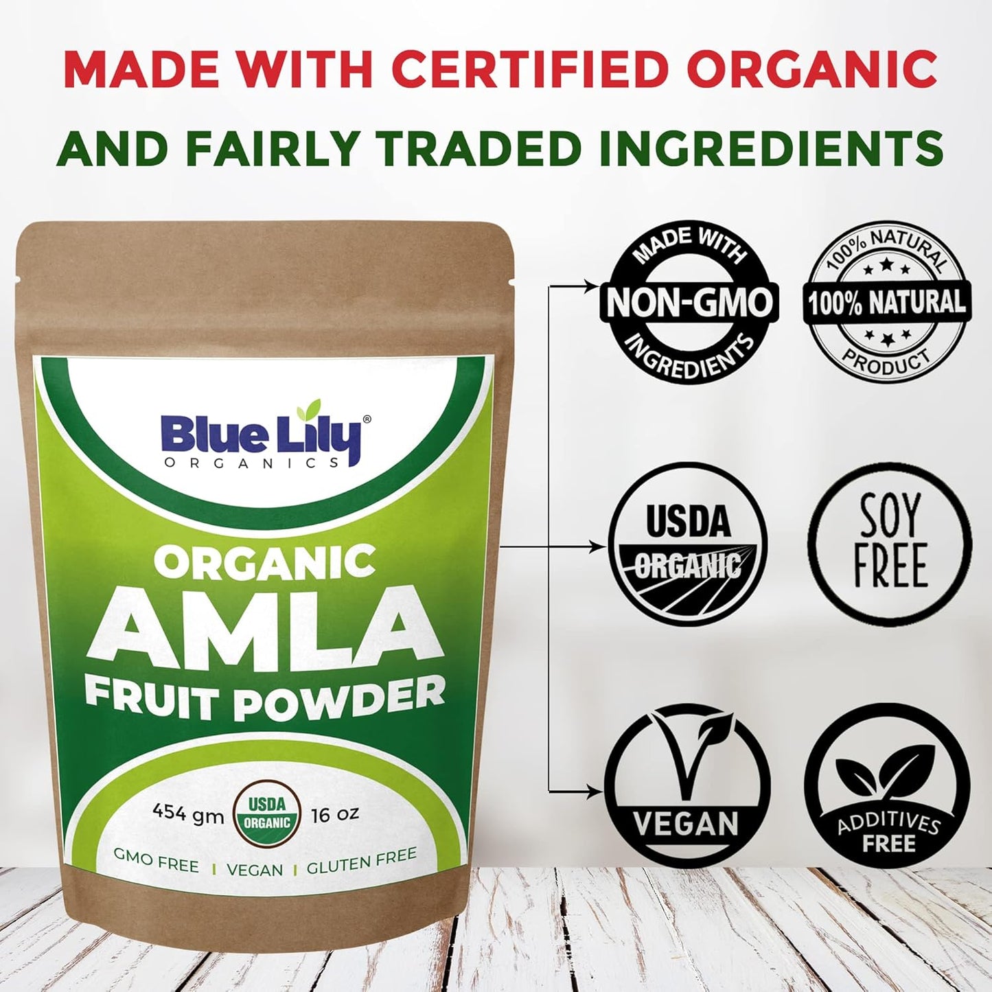 Blue Lily Organics USDA Organic Amla Powder 16oz - Pure Amla Berry Powder for Healthy Immune System, Rich in Antioxidant Vitamin C