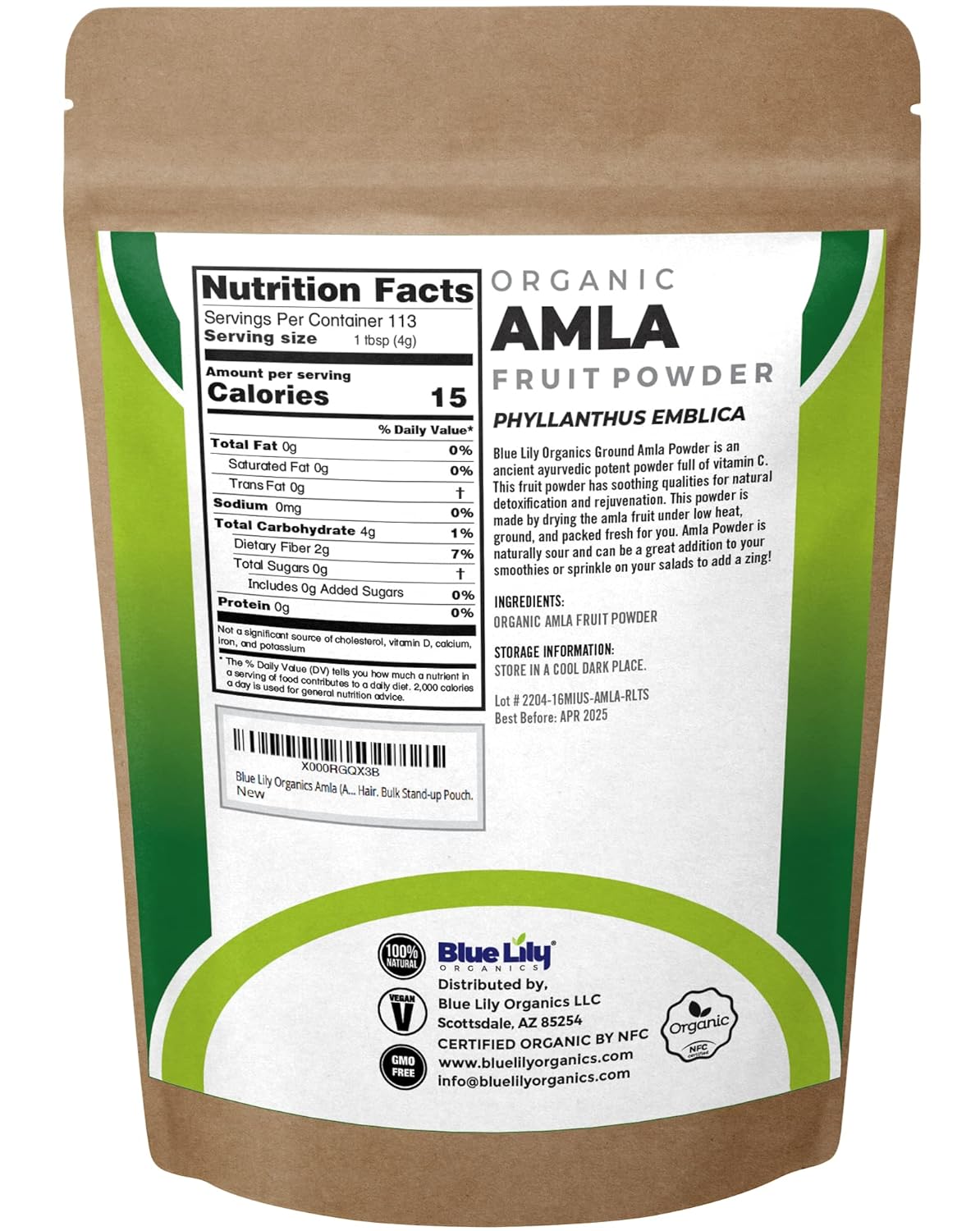 Blue Lily Organics USDA Organic Amla Powder 16oz - Pure Amla Berry Powder for Healthy Immune System, Rich in Antioxidant Vitamin C