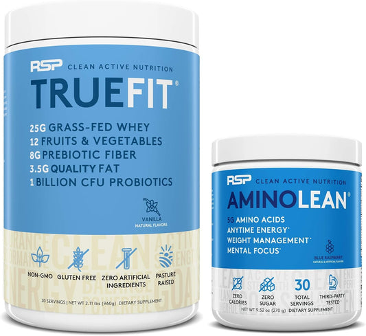 Blue Raspberry AminoLean Pre Workout Energy with Vanilla TrueFit Protein Powder - 30 Servings & 2 LB
