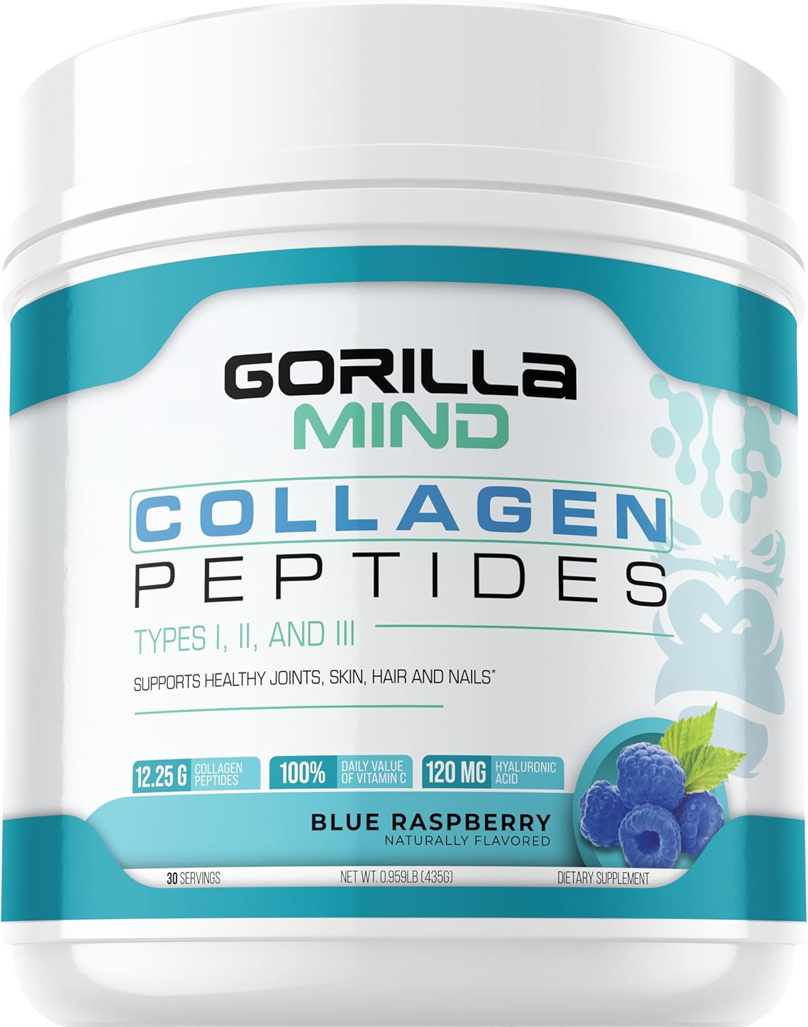 Blue Raspberry Collagen Peptides Powder - Supports Joint, Bone, Hair, Skin, Nails, and Sleep - Type I, II, III - 435g - Mix in Water, Juice, or Smoothie