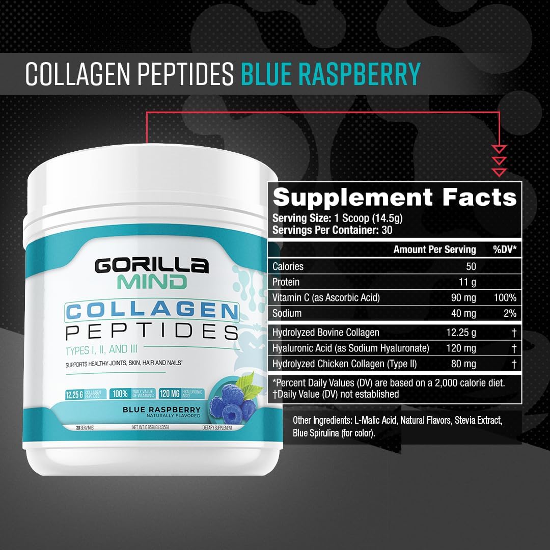 Blue Raspberry Collagen Peptides Powder - Supports Joint, Bone, Hair, Skin, Nails, and Sleep - Type I, II, III - 435g - Mix in Water, Juice, or Smoothie