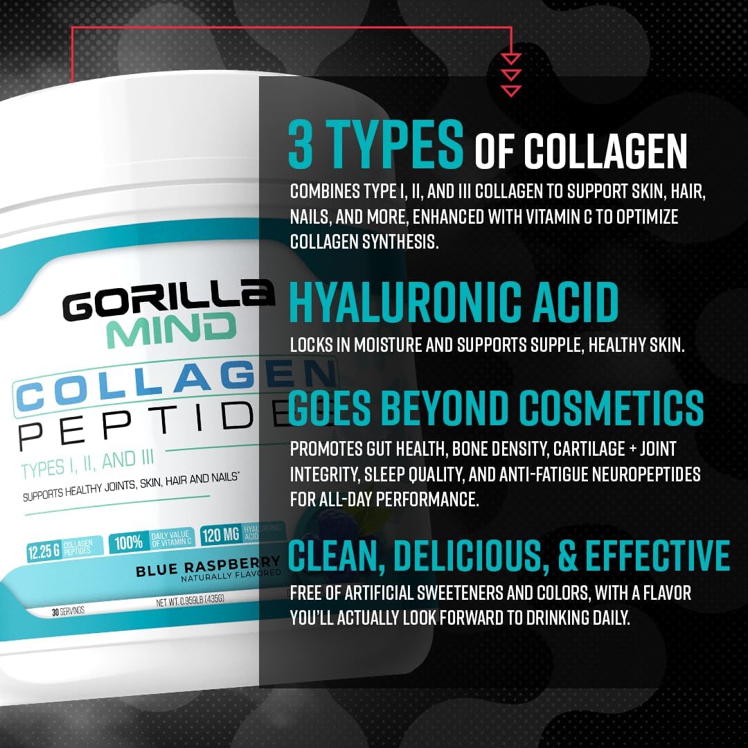 Blue Raspberry Collagen Peptides Powder - Supports Joint, Bone, Hair, Skin, Nails, and Sleep - Type I, II, III - 435g - Mix in Water, Juice, or Smoothie