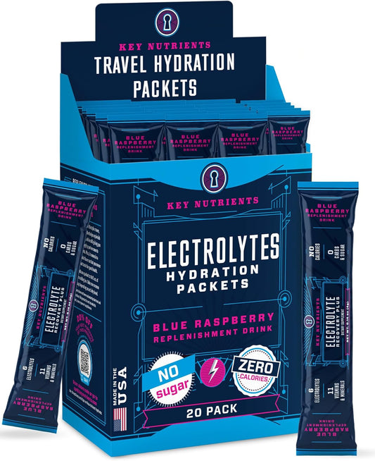 Blue Raspberry Electrolyte Powder Packets - 20 Pack Hydration Packets for Travel - Sugar-Free & Gluten-Free Electrolyte Drink Mix from USA