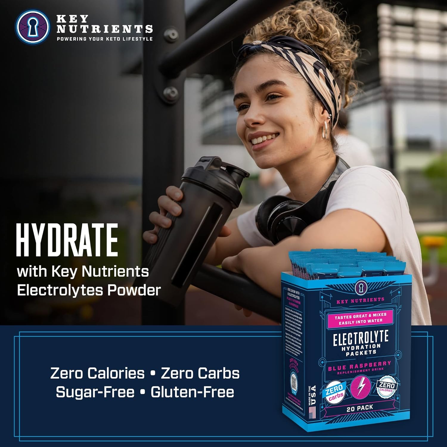 Blue Raspberry Electrolyte Powder Packets - 20 Pack Hydration Packets for Travel - Sugar-Free & Gluten-Free Electrolyte Drink Mix from USA