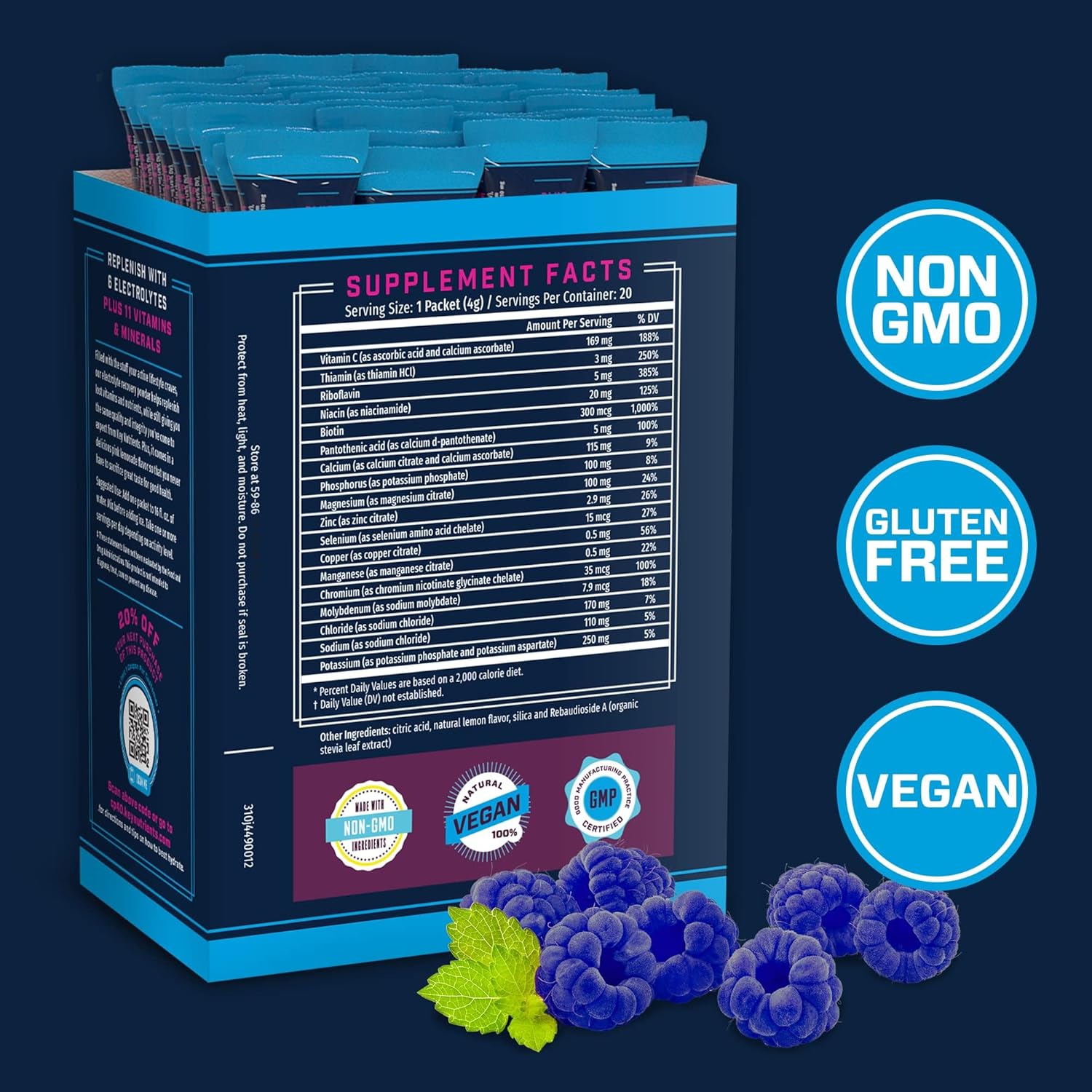 Blue Raspberry Electrolyte Powder Packets - 20 Pack Hydration Packets for Travel - Sugar-Free & Gluten-Free Electrolyte Drink Mix from USA