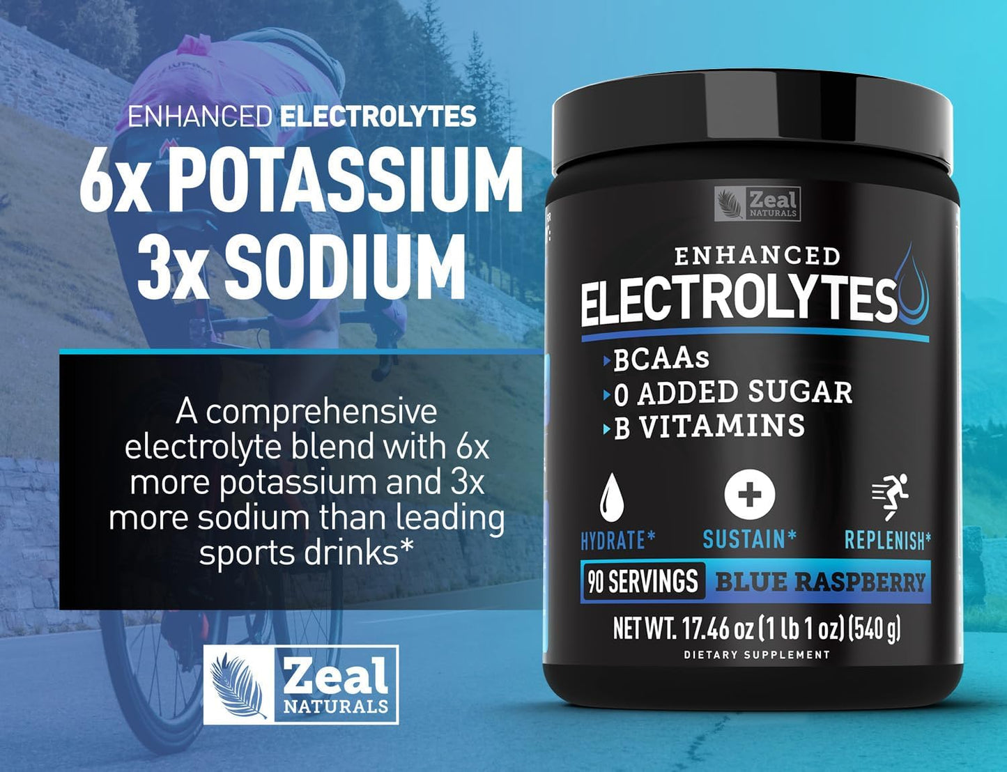 Blue Raspberry Enhanced Electrolyte Powder (90ct) - Sugar-Free Hydration Supplement with BCAAs, B-Vitamins, Potassium, Zinc, and Magnesium - Keto Friendly