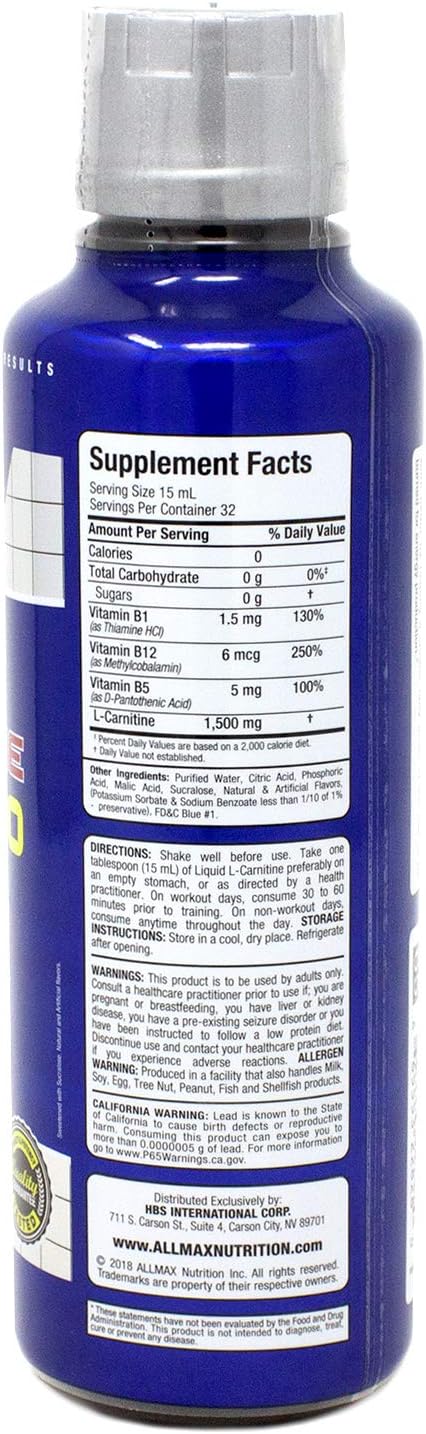 Blue Raspberry Flavored ALLMAX Nutrition Liquid L-Carnitine 1500 - 16 oz (473 ml) Bottle