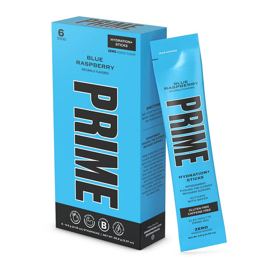 Blue Raspberry Hydration Powder Sticks with BCAAs, Antioxidants, and B Vitamins - Vegan Electrolyte Powder On The Go - Low Sugar - Caffeine-Free - 6 Sticks
