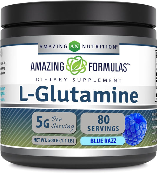Blue Raspberry L-Glutamine Powder - Non-GMO Amino Acid Supplement - Gluten Free - Made in USA - 1.1 Lb