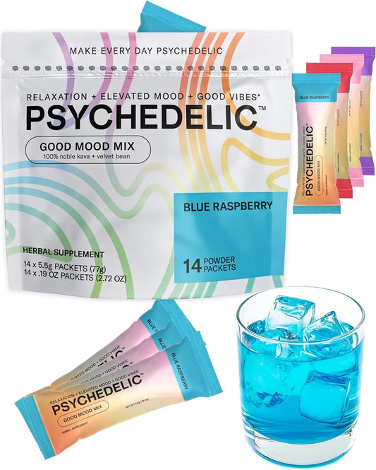 Blue Raspberry Psychedelic Water Good Mood Mix Powder Packets for Calming Kava Drink - Single-Serving Flavored Powder with Mucuna Pruriens and Stevia - Non Alcoholic Adaptogen Mocktails - 14 Stick Pack