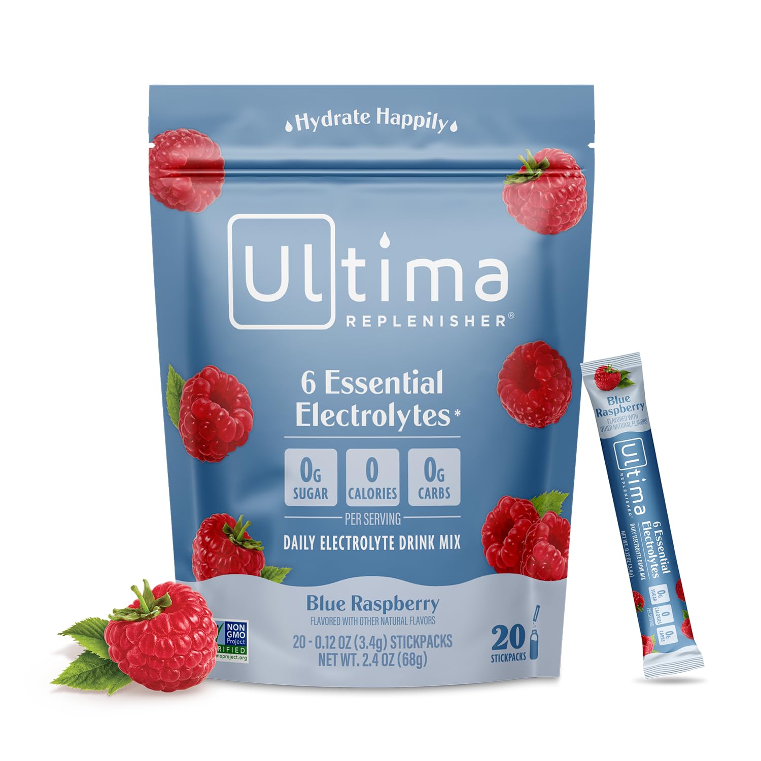 Blue Raspberry Ultima Replenisher Electrolyte Powder - 20 Stickpacks, 6 Electrolytes & Trace Minerals - Sugar-Free, Keto, Vegan, Non-GMO - Hydration Packets for Daily Use