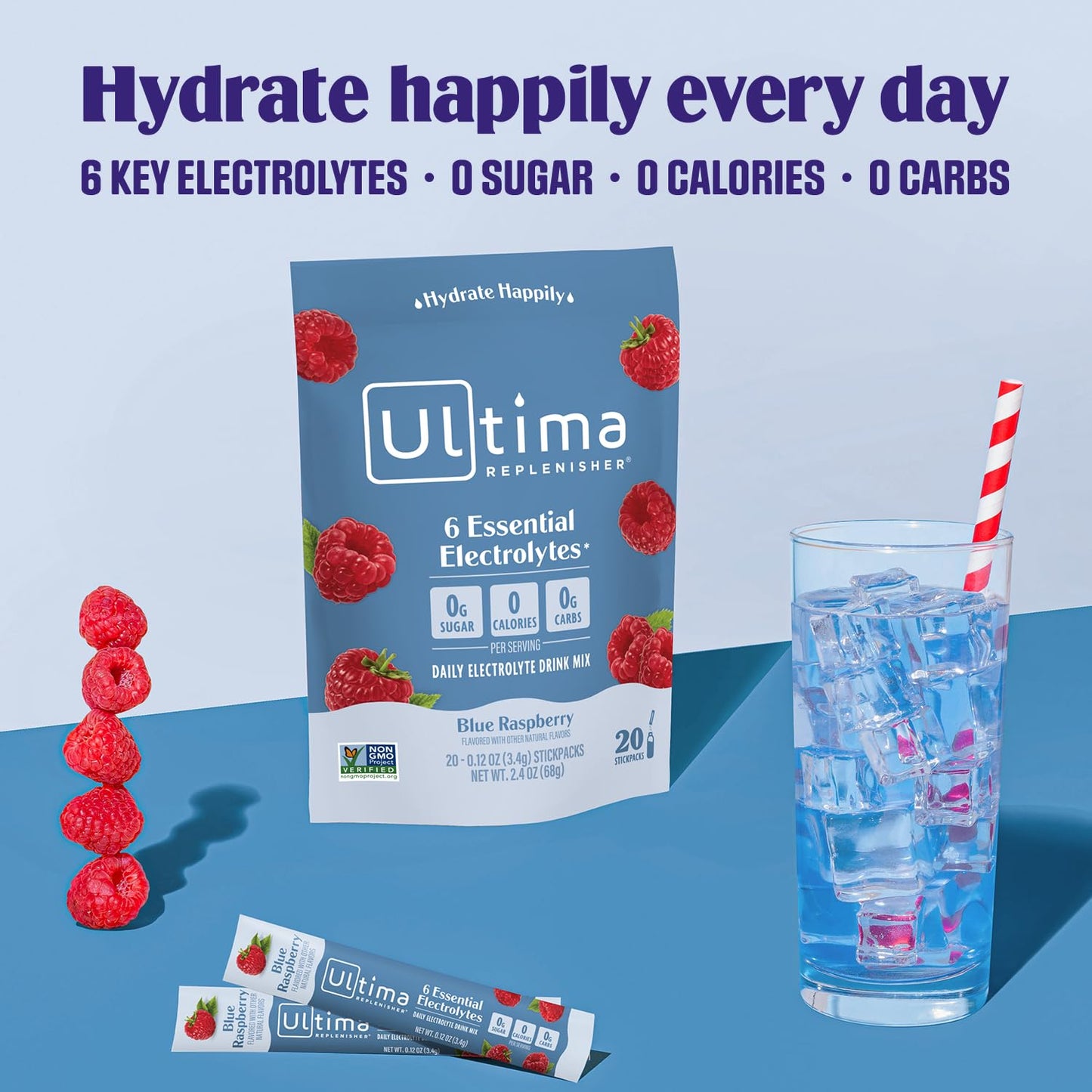 Blue Raspberry Ultima Replenisher Electrolyte Powder - 20 Stickpacks, 6 Electrolytes & Trace Minerals - Sugar-Free, Keto, Vegan, Non-GMO - Hydration Packets for Daily Use