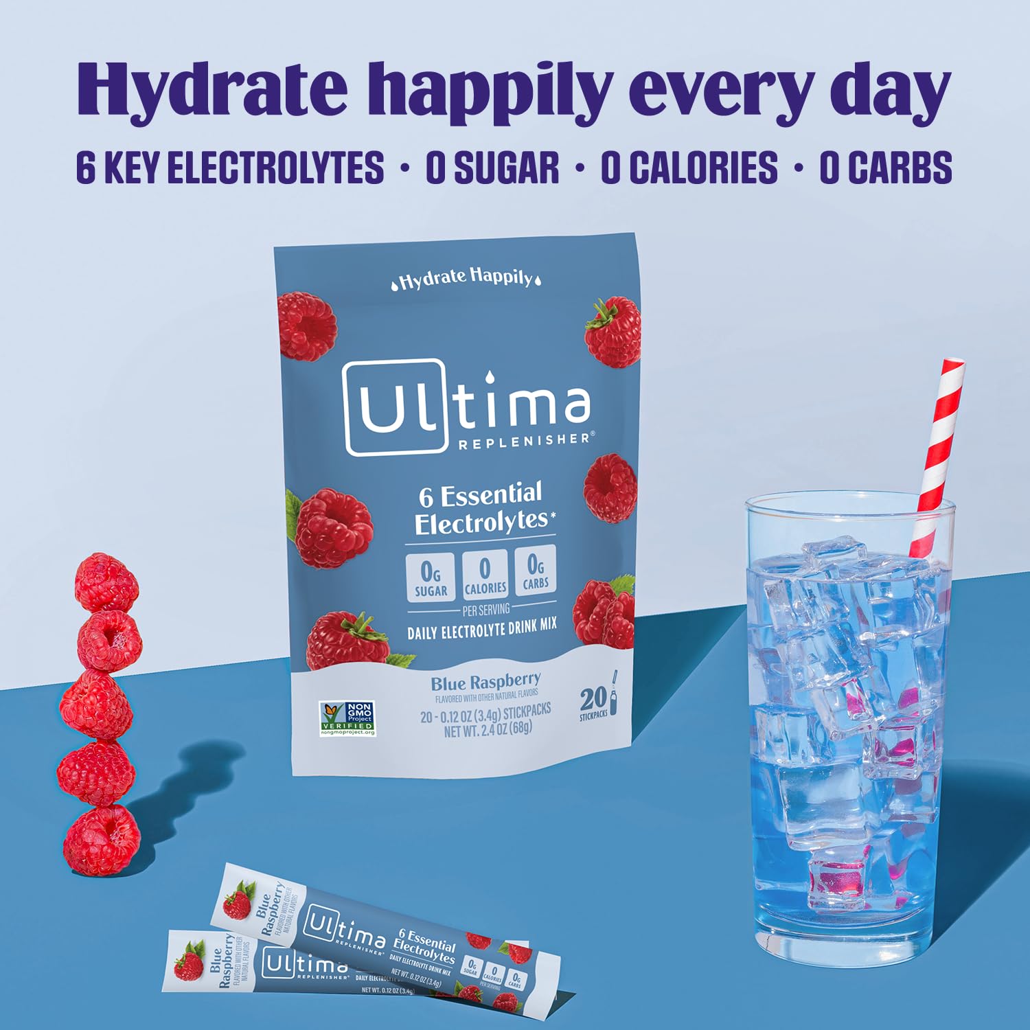 Blue Raspberry Ultima Replenisher Electrolyte Powder - 20 Stickpacks, 6 Electrolytes & Trace Minerals - Sugar-Free, Keto, Vegan, Non-GMO - Hydration Packets for Daily Use