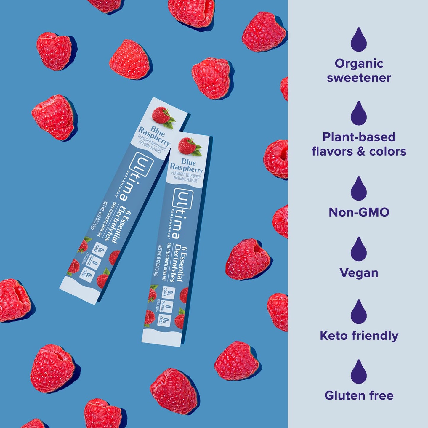 Blue Raspberry Ultima Replenisher Electrolyte Powder - 20 Stickpacks, 6 Electrolytes & Trace Minerals - Sugar-Free, Keto, Vegan, Non-GMO - Hydration Packets for Daily Use