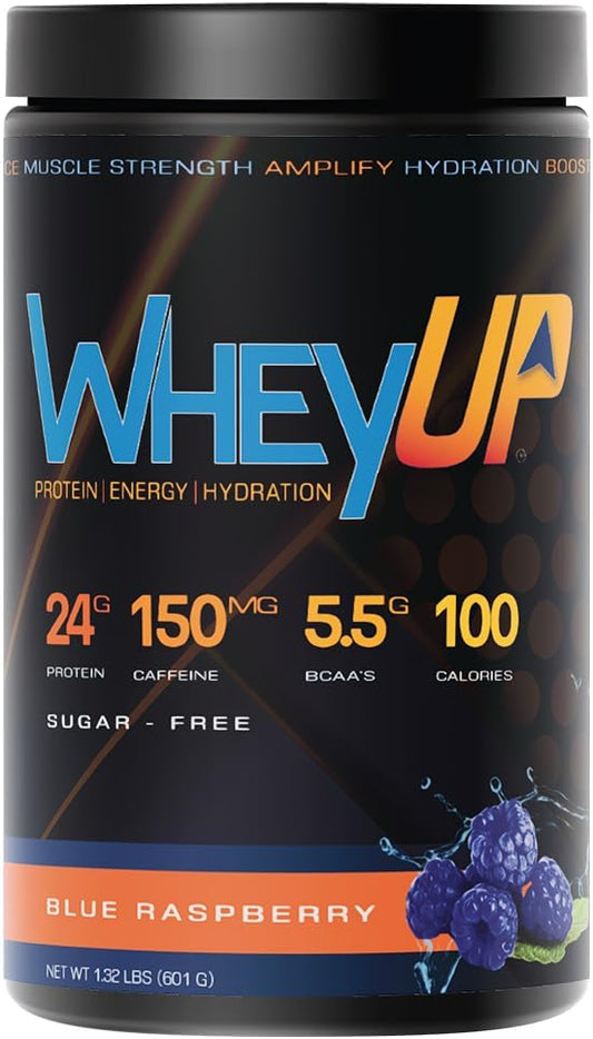 Blue Raspberry WheyUP Clear Whey Isolate Protein Powder with 150mg Caffeine, 24g Protein, 20 Servings, 5.5g BCAA'S, 100 Cal, Sugar Free, 500mg Coconut Water - Ideal Pre-Post Workout Drink