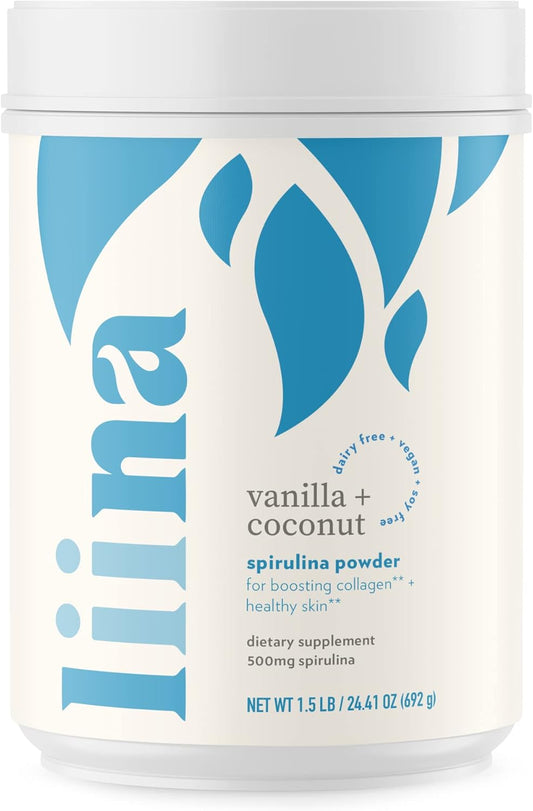 Blue Spirulina Powder: Vegan Collagen Boost, 1000mg per Serving, Vanilla Coconut Superfood, Dairy Free, No Sugar (Bulk Tub, 15 Servings)