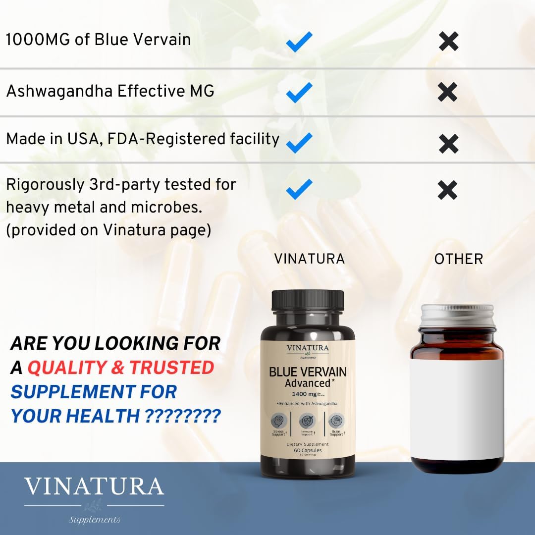 Blue Vervain and Ashwagandha Blend Capsules - 1400mg per serving, Brain Health and Stress Relief Support, 60 Count
