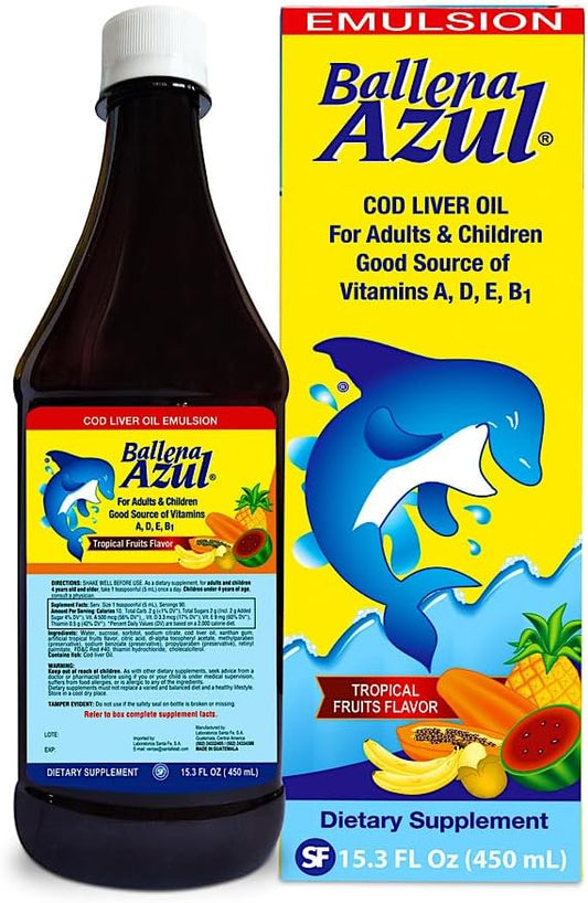 Blue Whale Emulsion - Cod Liver Oil for Adults and Children, Tropical Fruits Flavor, Rich in Omega 3 and Vitamins - 15 OZ Bottle