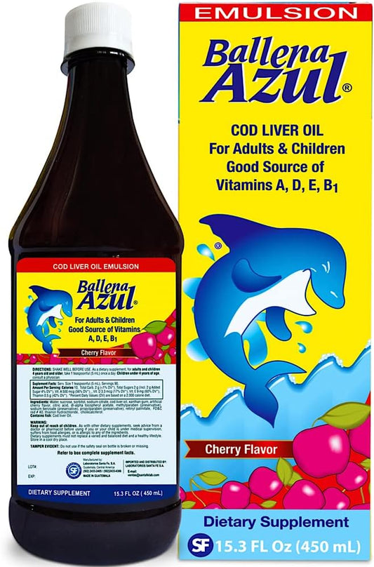 Blue Whale Emulsion Cod Liver Oil for Adults and Children - Cherry Flavor, Immune System Support, Omega 3, Vitamins A,D,E,B1 - Dietary Supplement - 15 OZ