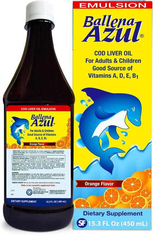 Blue Whale Emulsion COD Liver Oil for Adults and Kids - 15 oz Orange Flavor - Rich in Vitamins A, D, E, B1 - Omega 3 Dietary Supplement for Immune System Support