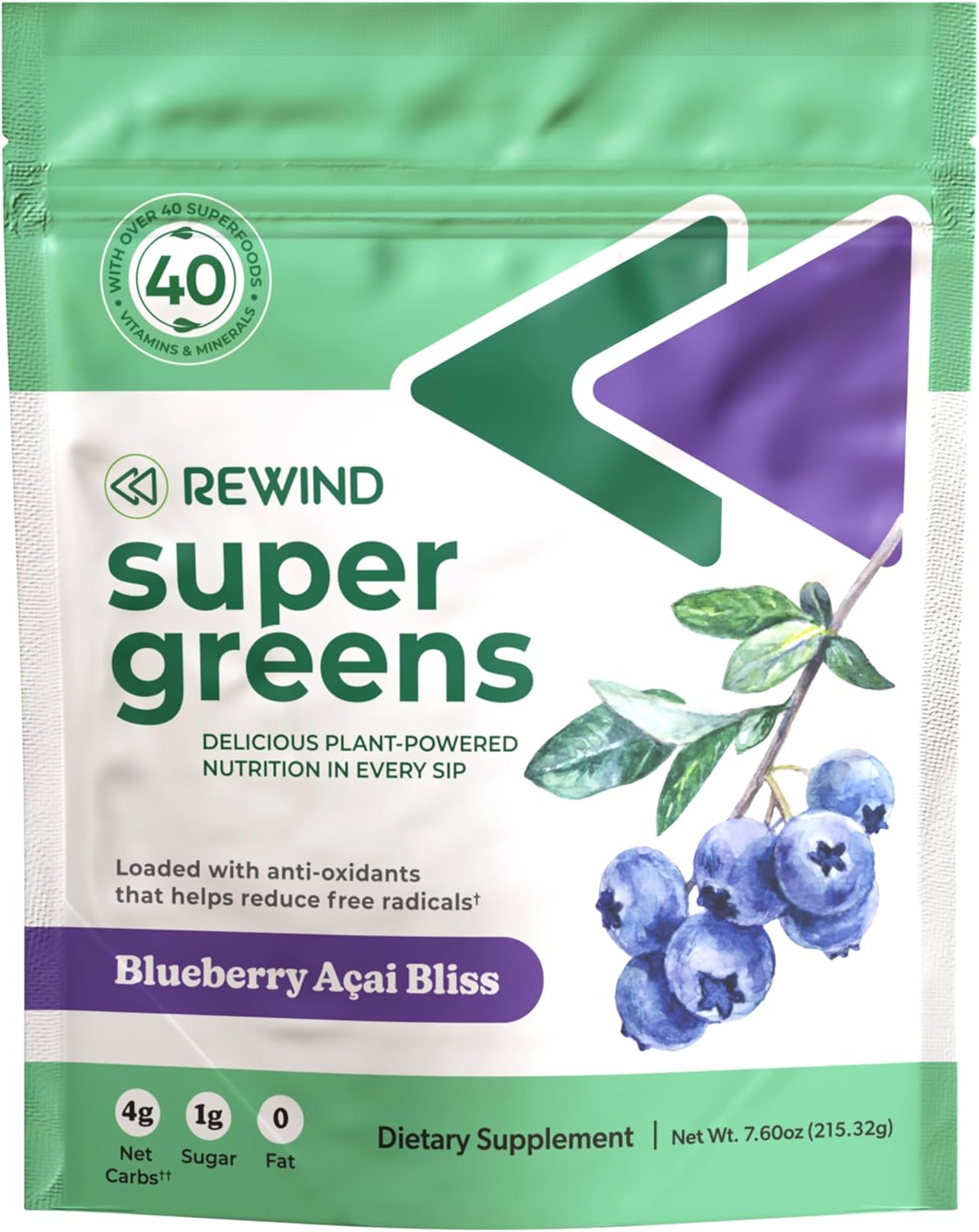 Blueberry Acai Bliss Super Greens Powder - Delicious Green Juice Mix with 40+ Superfoods - Vitamin B12, Zinc, Vitamin C, Magnesium, Calcium