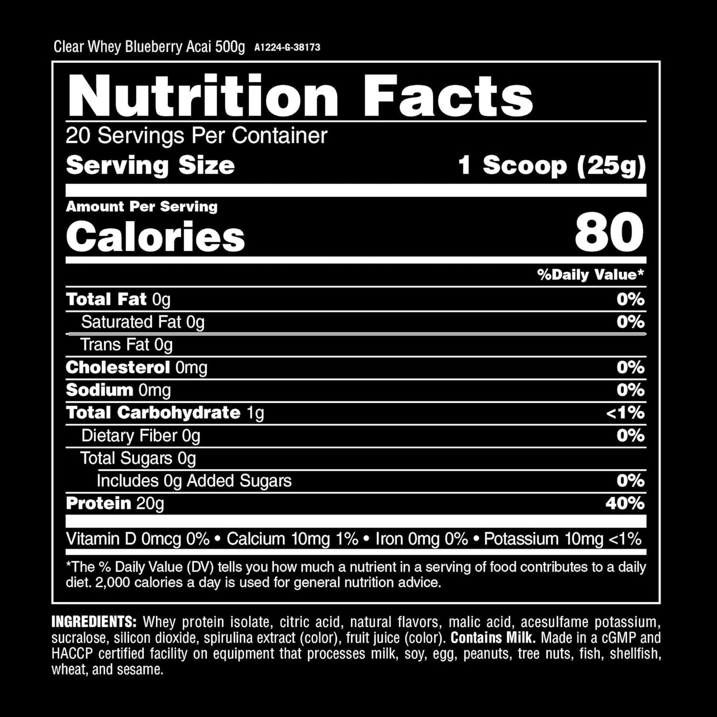 Blueberry Acai Clear Whey Isolate Protein Powder - 5g BCAA, Easy-to-Digest, Mix, Refreshing Drink for Men and Women, 500g