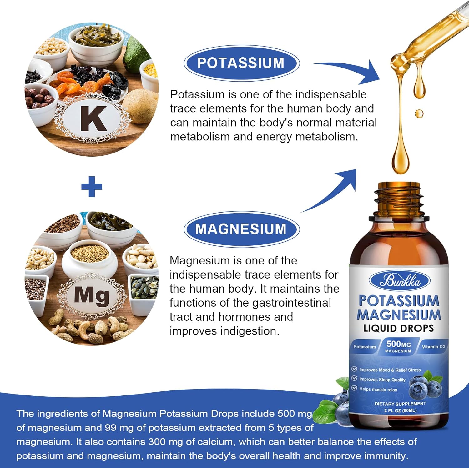 Blueberry Bunkka Potassium Magnesium Supplement - High Absorption Complex with Calcium, Vitamin D3, Zinc - Energy, Metabolism Support