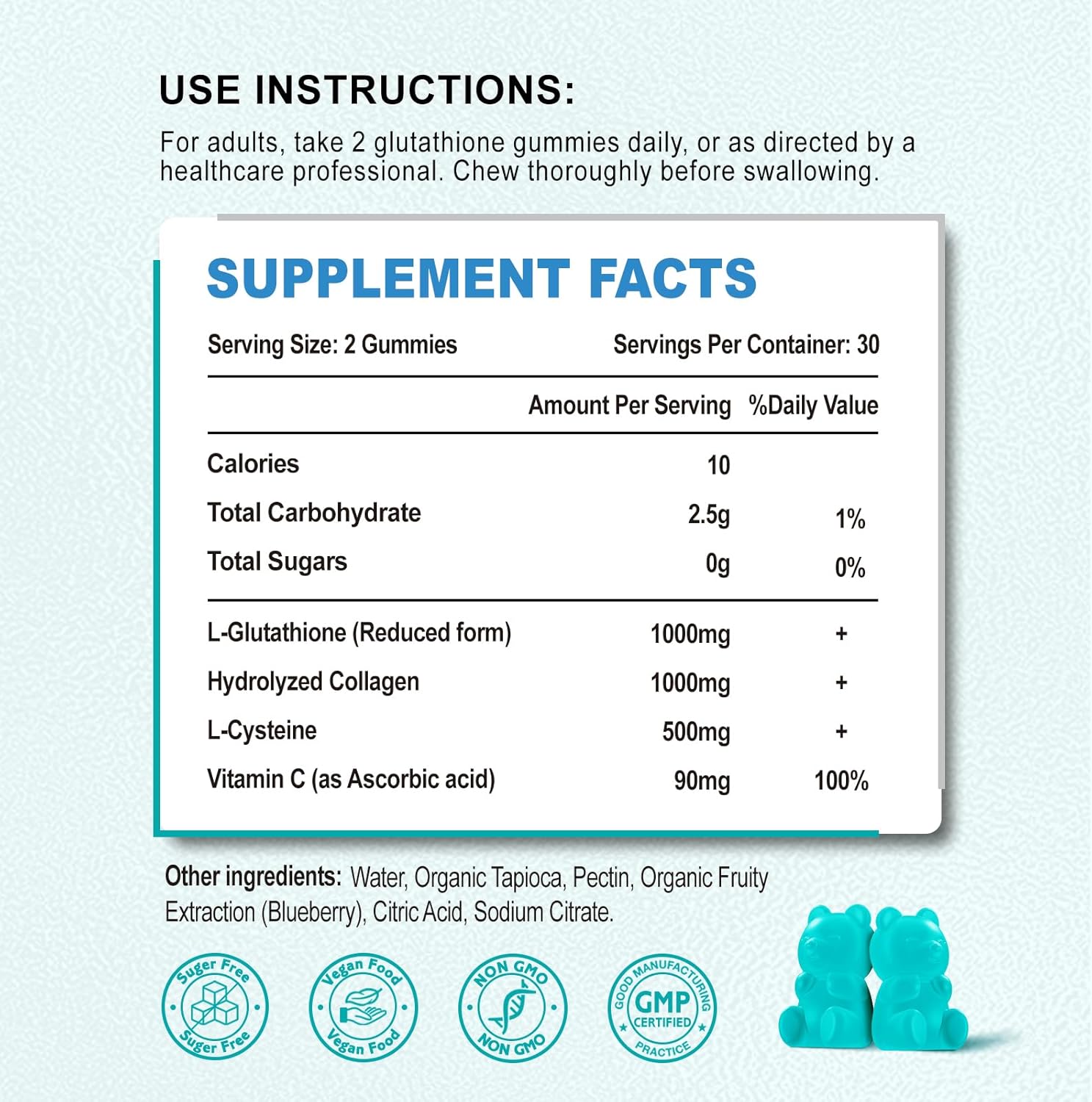 Blueberry Flavored Glutathione Collagen Gummies with Vitamin C for Women - 60 Count, Vegan, Sugar Free Supplement for Hair, Skin, Nails, Muscles, Joints, Anti-Aging