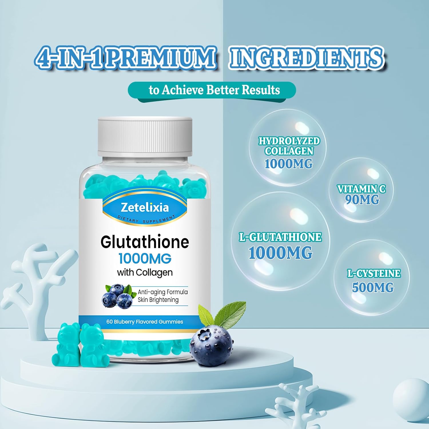 Blueberry Flavored Glutathione Collagen Gummies with Vitamin C for Women - 60 Count, Vegan, Sugar Free Supplement for Hair, Skin, Nails, Muscles, Joints, Anti-Aging
