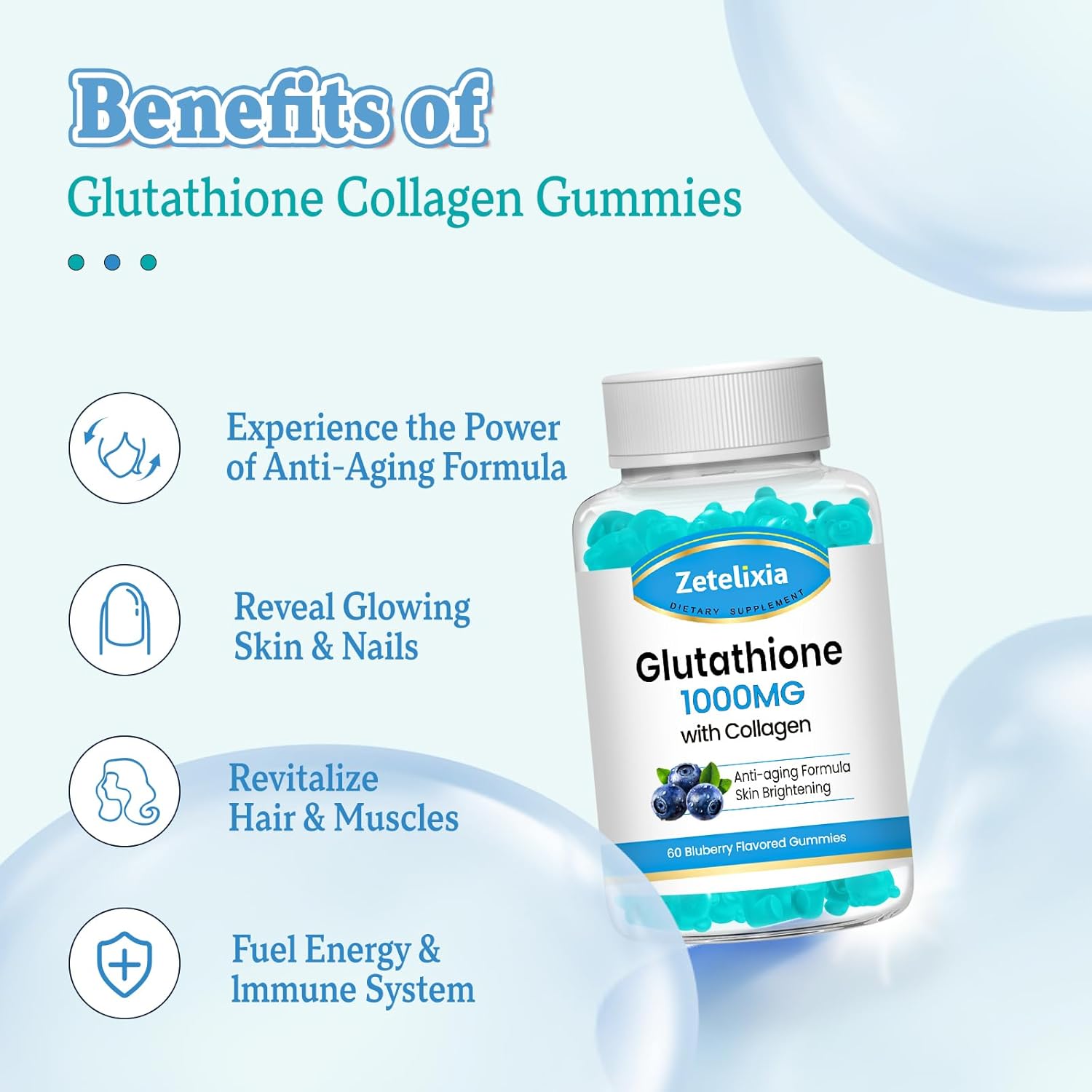 Blueberry Flavored Glutathione Collagen Gummies with Vitamin C for Women - 60 Count, Vegan, Sugar Free Supplement for Hair, Skin, Nails, Muscles, Joints, Anti-Aging