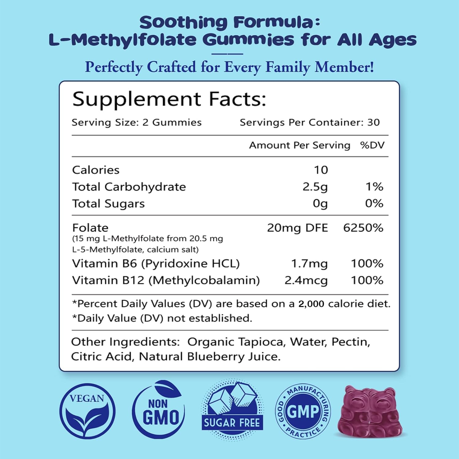 Blueberry Flavored L-Methylfolate Gummies with Methyl B12 - Boost Mood, Enhance Brain Health & Support Immunity - 60 Count