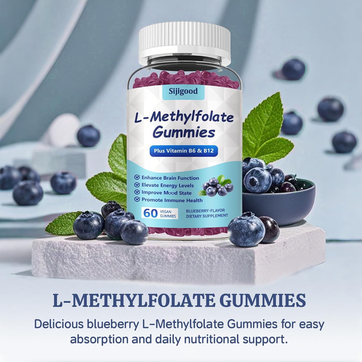 Blueberry Flavored L-Methylfolate Gummies with Methyl B12 - Boost Mood, Enhance Brain Health & Support Immunity - 60 Count