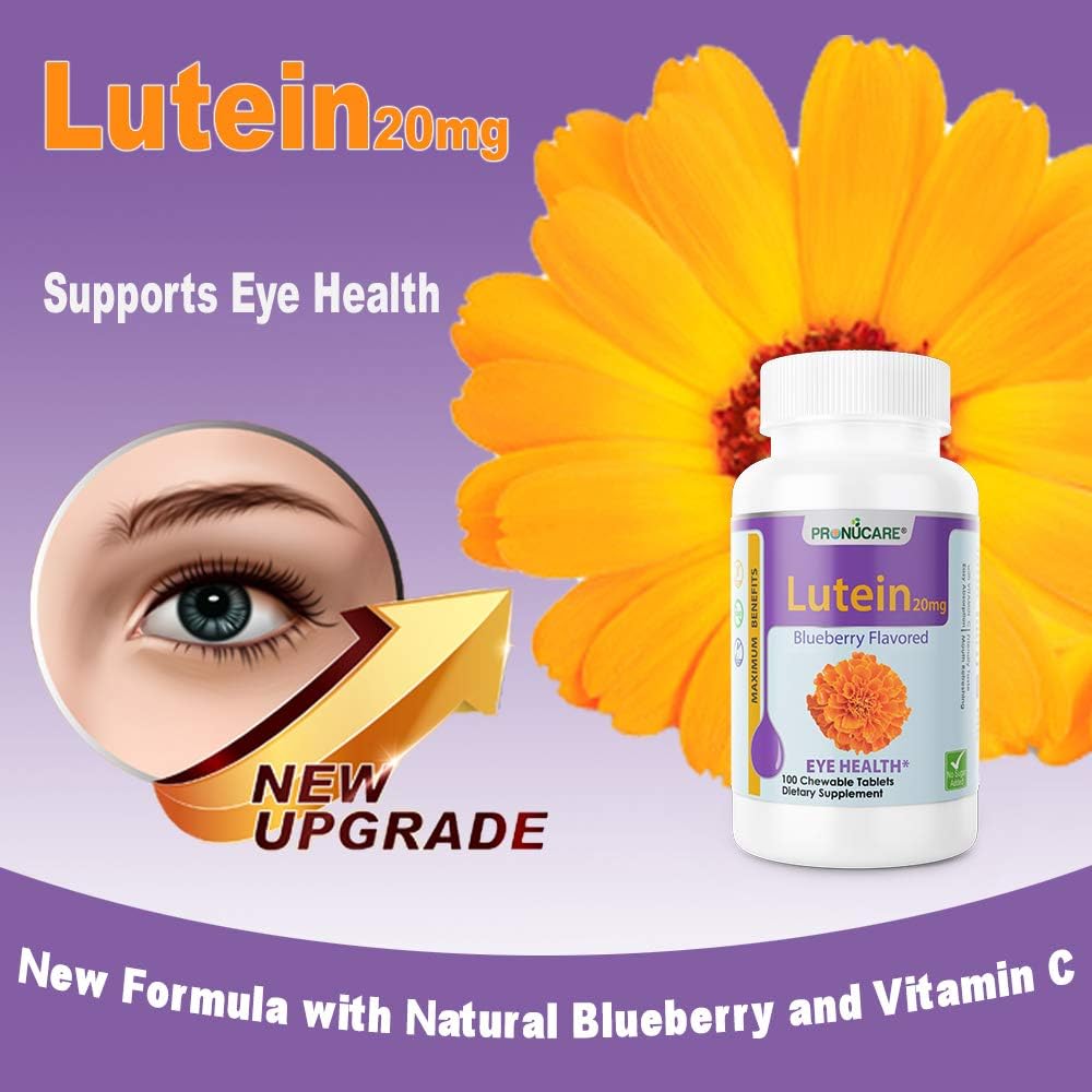 Blueberry Flavored Lutein Esters 20mg Chewable Tablets for Eye Health - 100 Count - Protects Against Blue Light, Relieves Digital Eye Strain, Gluten-Free & Non-GMO