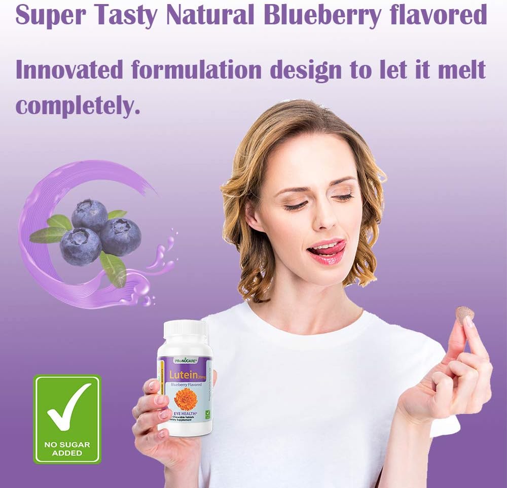 Blueberry Flavored Lutein Esters 20mg Chewable Tablets for Eye Health - 100 Count - Protects Against Blue Light, Relieves Digital Eye Strain, Gluten-Free & Non-GMO