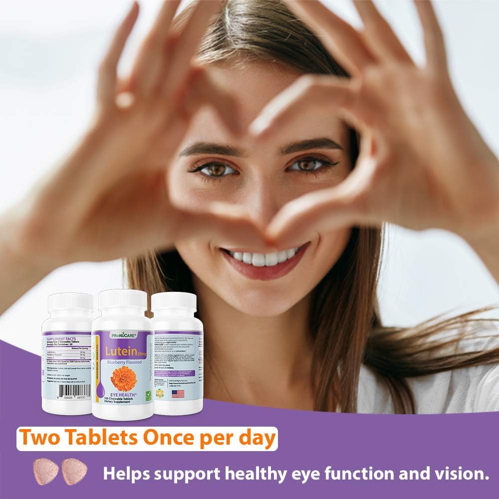 Blueberry Flavored Lutein Esters 20mg Chewable Tablets for Eye Health - 100 Count - Protects Against Blue Light, Relieves Digital Eye Strain, Gluten-Free & Non-GMO