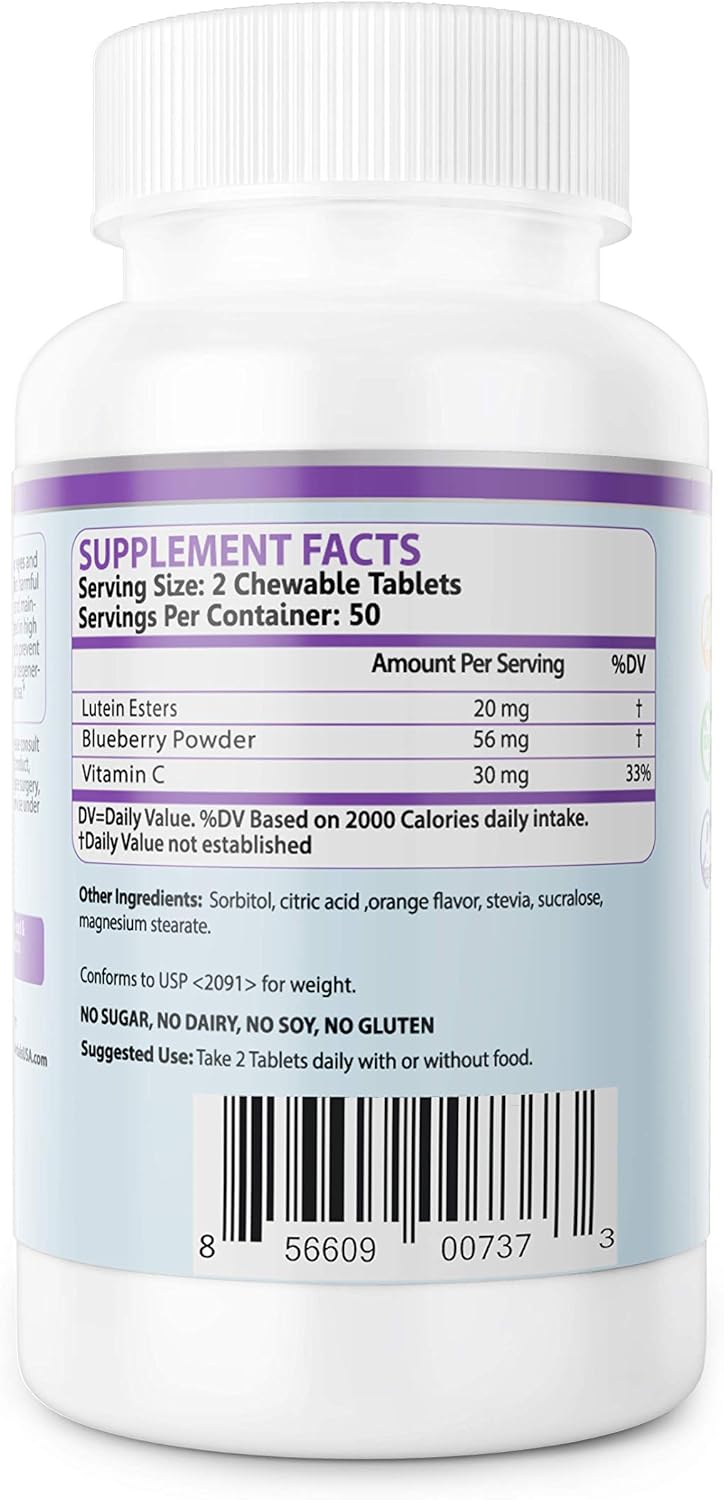 Blueberry Flavored Lutein Esters 20mg Chewable Tablets for Eye Health - 100 Count - Protects Against Blue Light, Relieves Digital Eye Strain, Gluten-Free & Non-GMO