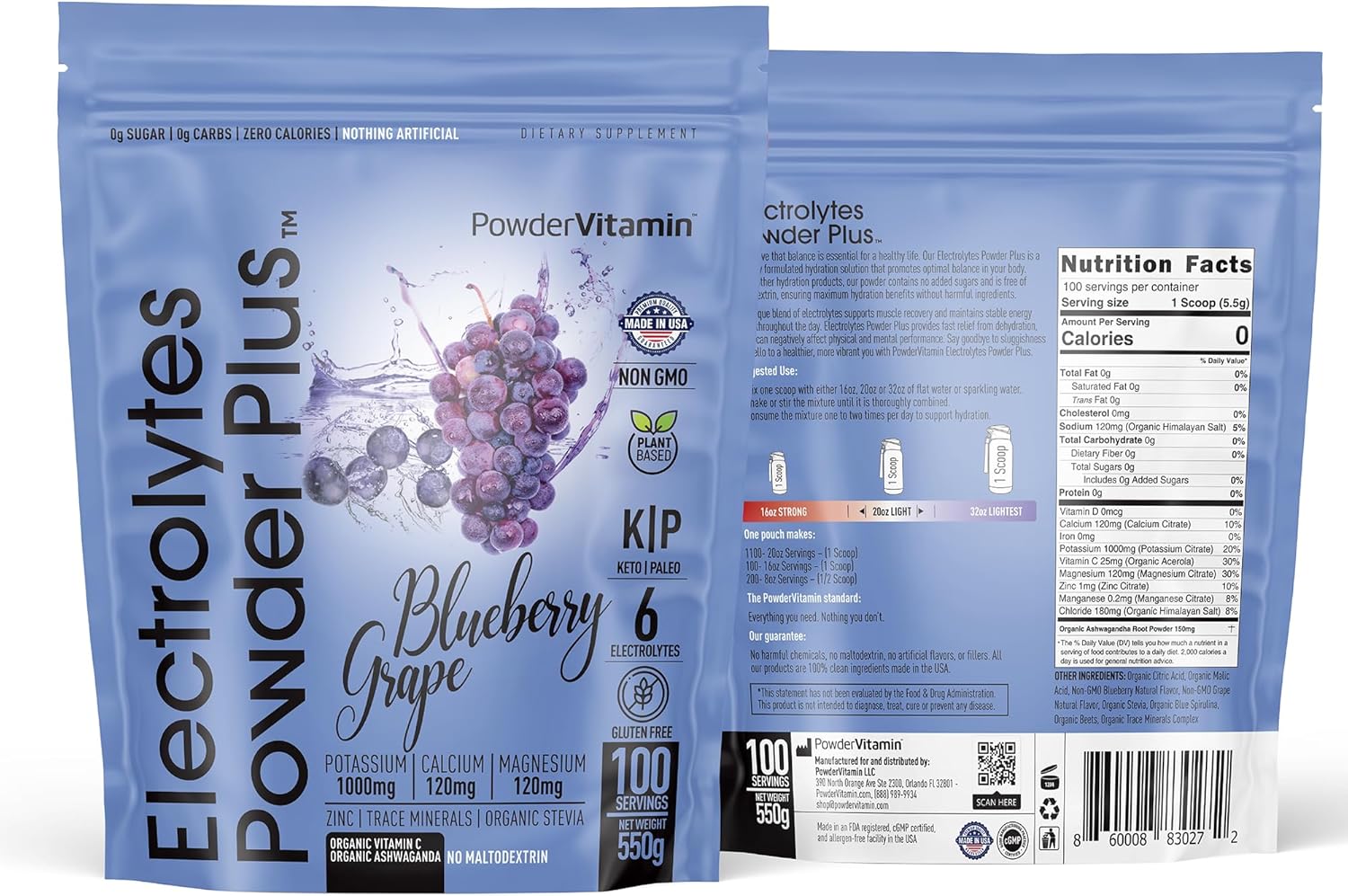 Blueberry Grape Electrolyte Powder - 100 Servings, Sugar Free, Keto-Friendly, 1000mg Potassium, 120mg Calcium, 120mg Magnesium - Hydration Powder