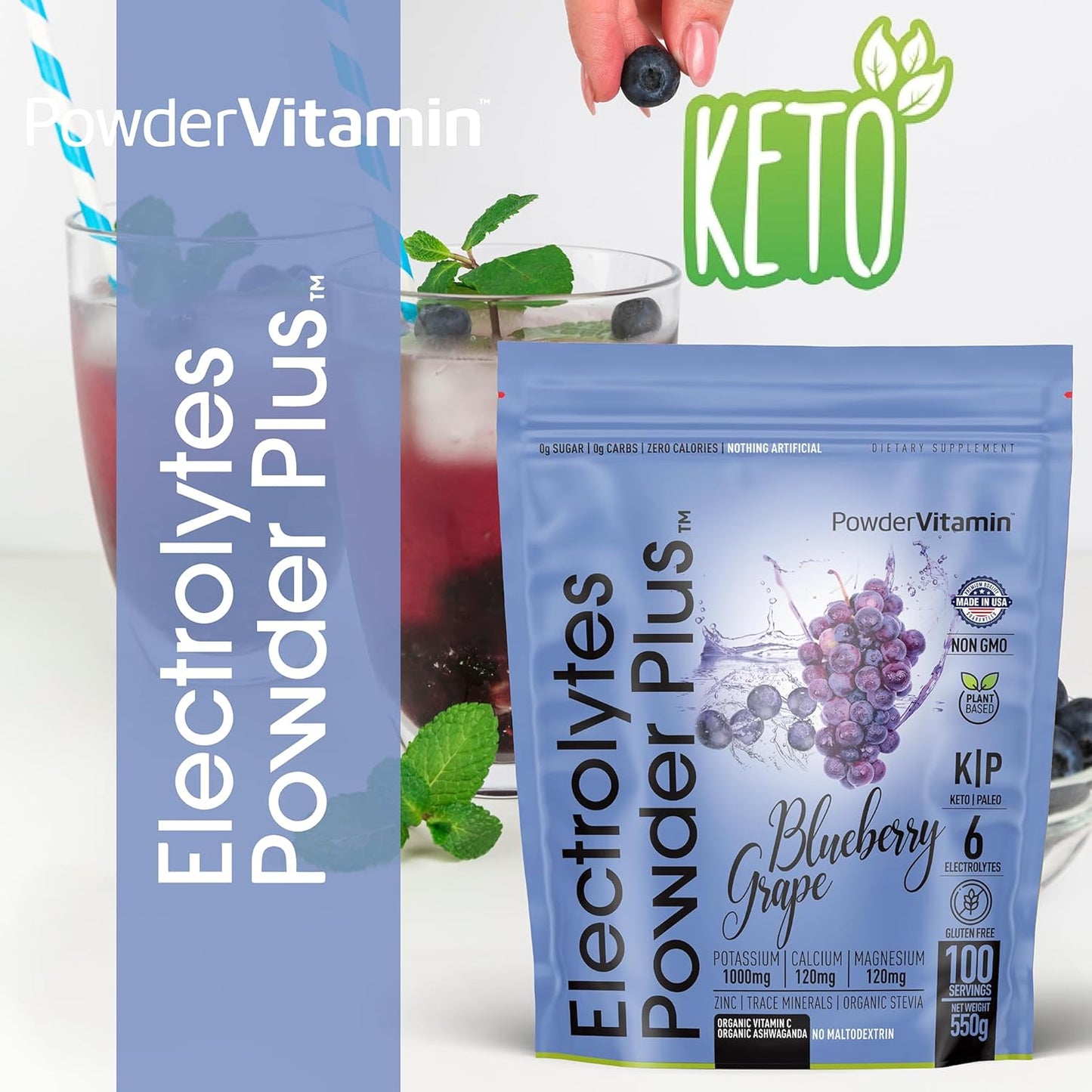 Blueberry Grape Electrolyte Powder - 100 Servings, Sugar Free, Keto-Friendly, 1000mg Potassium, 120mg Calcium, 120mg Magnesium - Hydration Powder