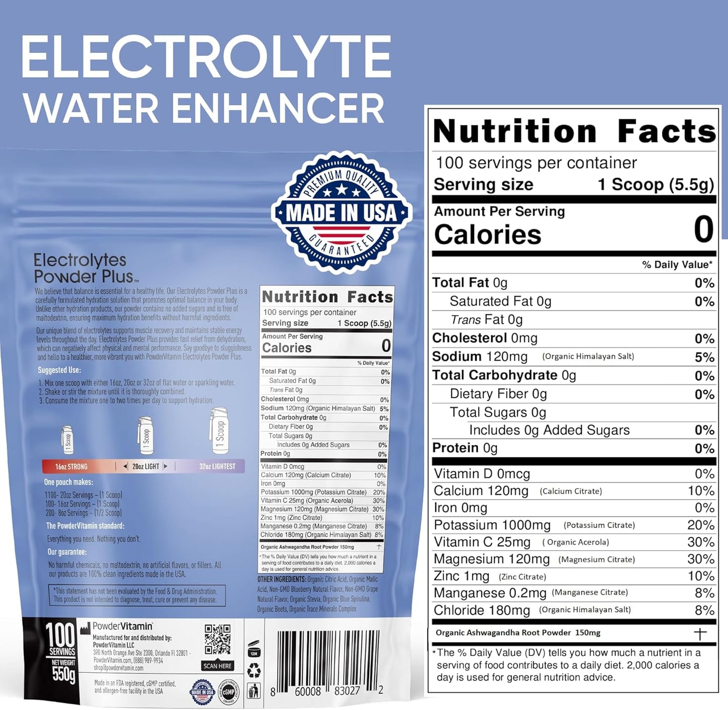 Blueberry Grape Electrolyte Powder - 100 Servings, Sugar Free, Keto-Friendly, 1000mg Potassium, 120mg Calcium, 120mg Magnesium - Hydration Powder