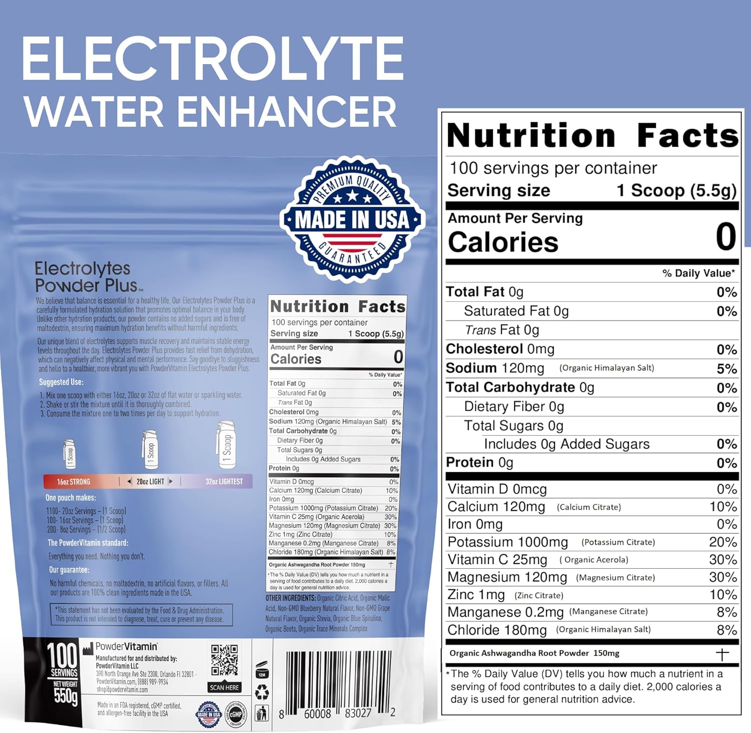 Blueberry Grape Electrolyte Powder - 100 Servings, Sugar Free, Keto-Friendly, 1000mg Potassium, 120mg Calcium, 120mg Magnesium - Hydration Powder
