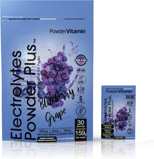 Blueberry Grape Keto Electrolyte Powder with Potassium, Calcium, Magnesium - Non-GMO, Zero Sugar, Zero Calories - 30 Packets