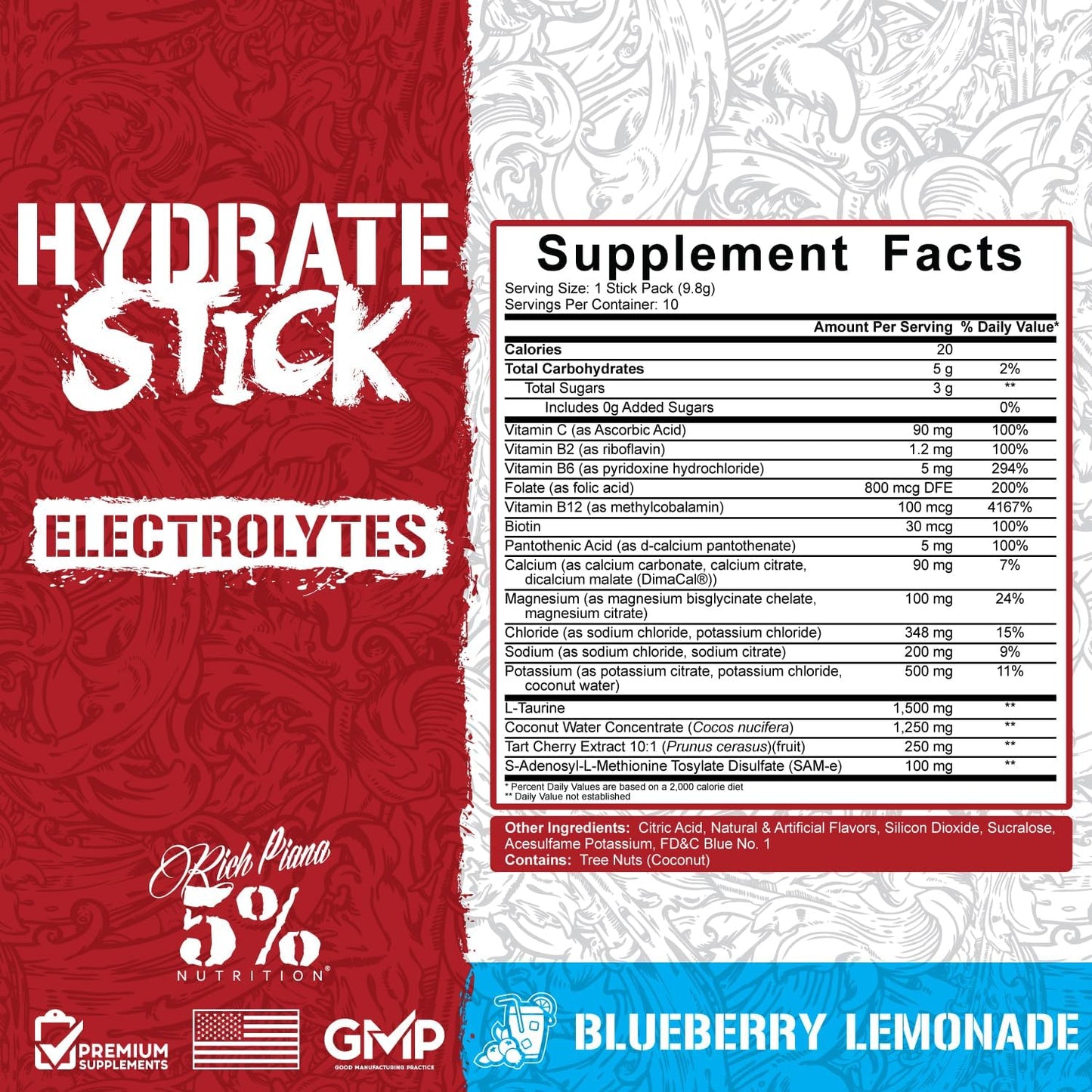 Blueberry Lemonade Electrolyte Powder Mix Packets with Coconut Water - 5% Nutrition Hydrate Stick Hydration Pack (10 Count)