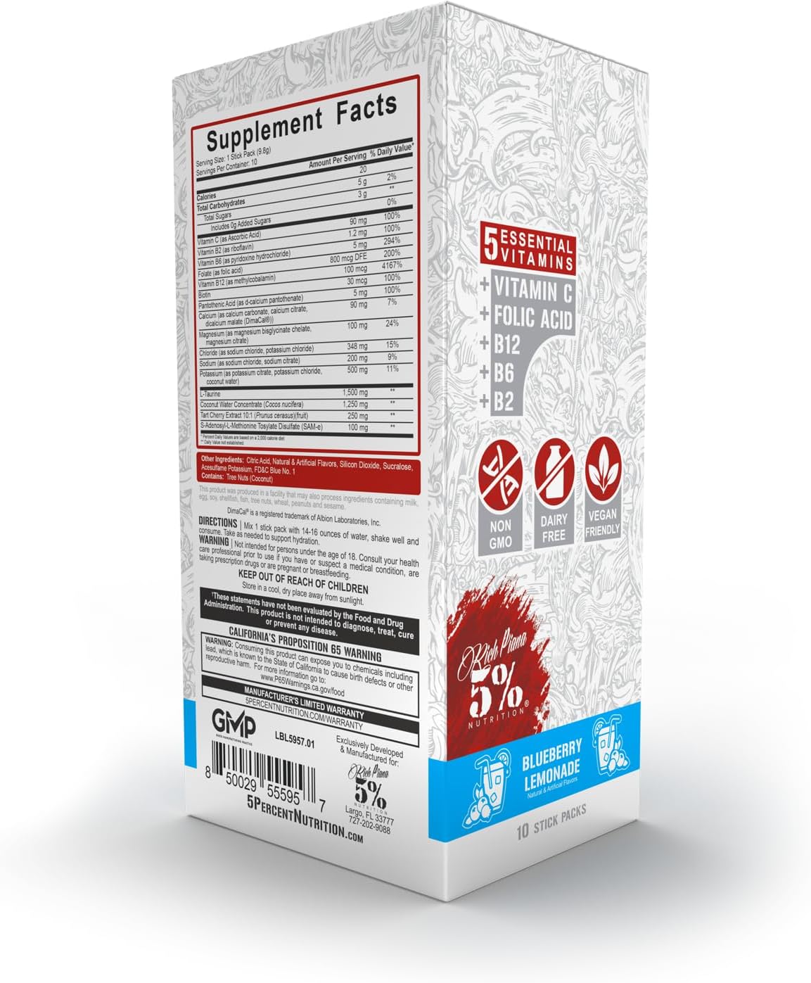 Blueberry Lemonade Electrolyte Powder Mix Packets with Coconut Water - 5% Nutrition Hydrate Stick Hydration Pack (10 Count)