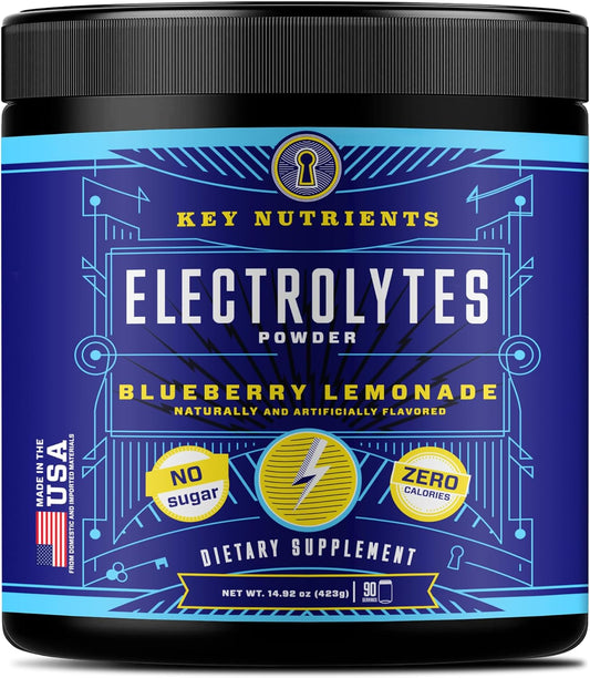 Blueberry Lemonade Electrolyte Powder with Key Nutrients - Sugar-Free Hydration Supplement for Endurance & Energy - 90 Servings Made in USA