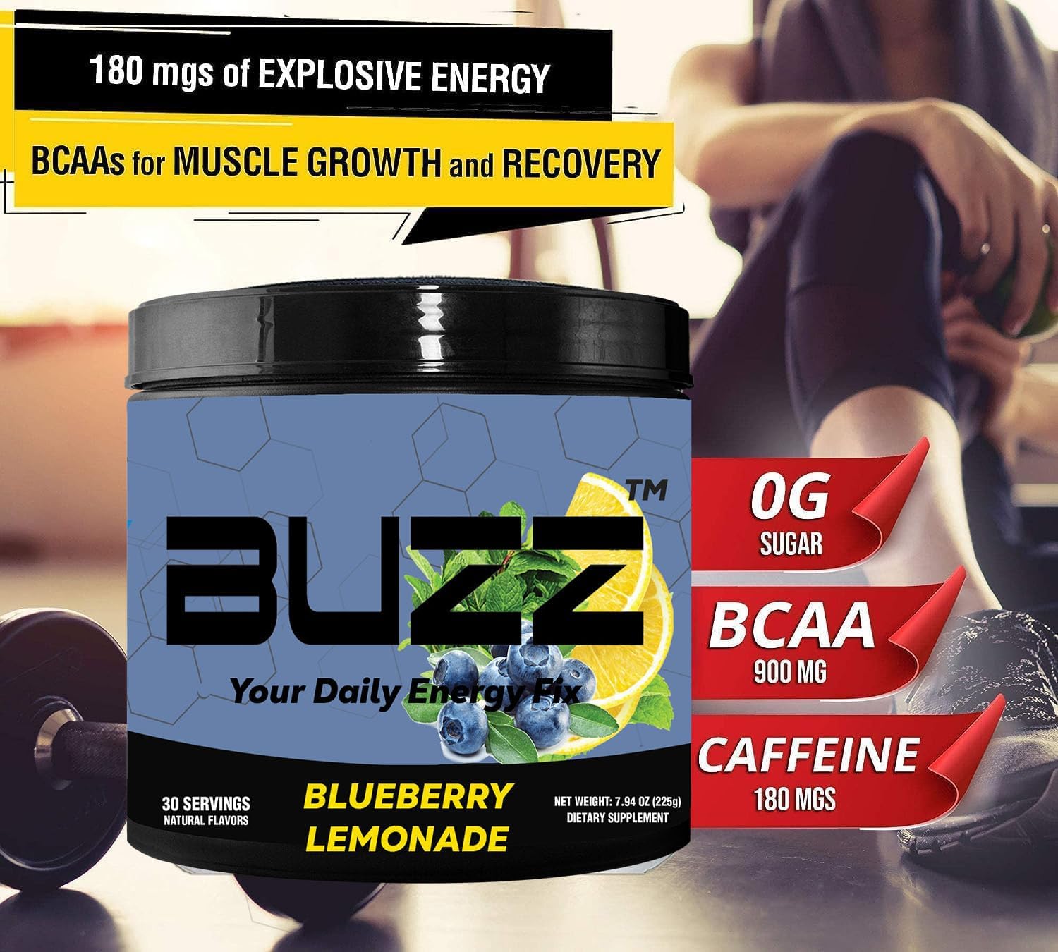 Blueberry Lemonade Sport Energy Drink Powder - Sugar-Free Energy Boost Mix with Antioxidants - Sports Nutrition Endurance, 30 Servings